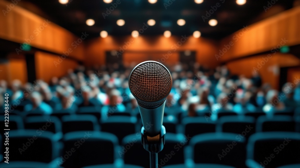 Poster close-up of a single microphone on a stand in a venue focused for a speech or performance with audie