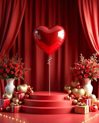 Elegant 3D Romantic Scene with Customizable Text Space – Perfect for Special Occasions!,podium stage with balloons and hearts and red roses with valentine's day concept,valentine day podium background