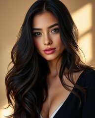 Fototapeta premium Elegant Portrait of a Young Woman with Long Hair and Natural Makeup in Soft Lighting