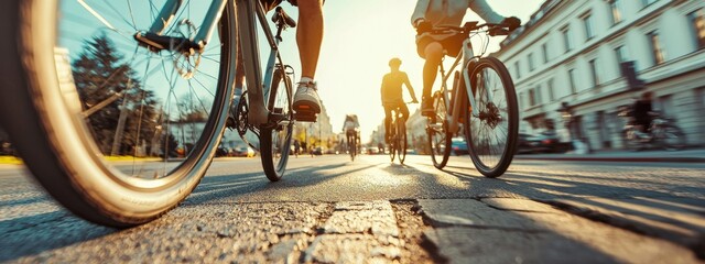 Bicyclists Riding on City Street at Sunset with Warm Light and Beautiful Shadows on Pavement