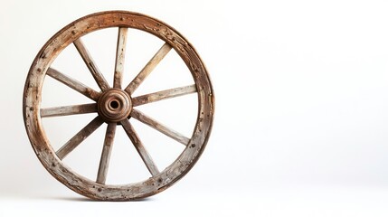 A solitary antique wooden wagon wheel against a white backdrop, ideal for rustic farmhouse decor, western aesthetics, and nostalgia-filled vintage collections, celebrating history and charm.