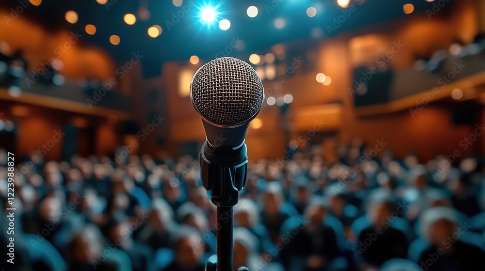 Poster close-up of a single microphone on a stand with a blurred audience in a dimly lit venue highlighted 