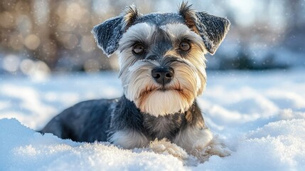 Miniature Schnauzer Puppy Playing in Snowy Winter