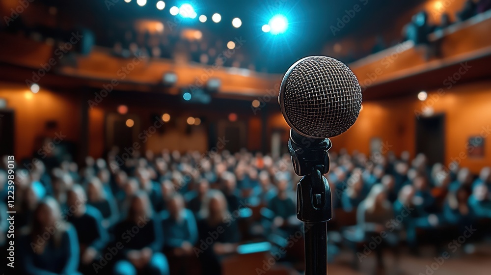 Poster single microphone on stand highlighted before a large audience in a theater setting with dim lights 