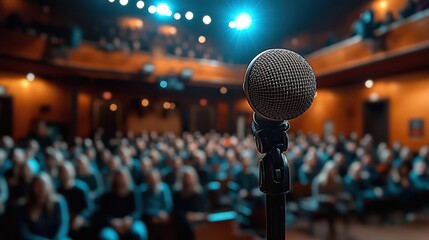 Single microphone on stand highlighted before a large audience in a theater setting with dim lights and focused spotlight creating an engaging atmosphere