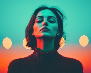 Serene Young Woman With Eyes Closed, Teal and Red Lighting