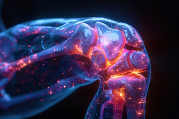 radio graphic knee with osteoarthritis, technology colors, ultra realistic, panoramic composition, neon lighting, the glasses have arm joint for lenses