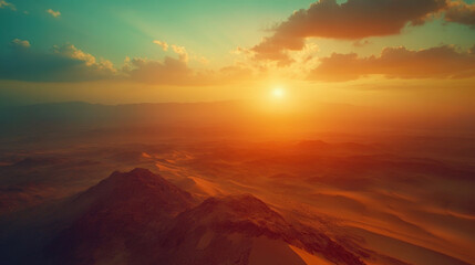 breathtaking colorful sunset in desert, showcasing sand dunes and mountains under vibrant sky. warm hues create serene atmosphere