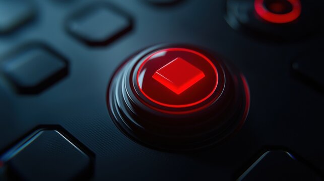 Close-up of a glowing red gaming button on a controller