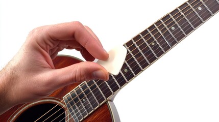 Obraz premium A hand holding a guitar pick, ready to strum the strings of an acoustic guitar.