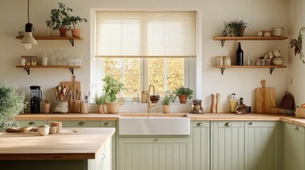 Farmhouse kitchen, sunlight, shelves, plants, autumn, cooking, interior design, home decor