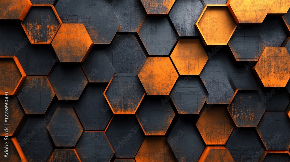 Poster abstract hexagon pattern with dark gray and orange texture background