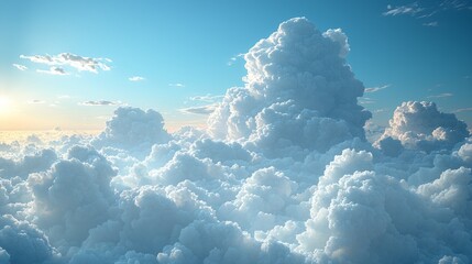Naklejka premium Aerial view of fluffy clouds at sunset, above a sea of clouds. Perfect for travel or weather reports