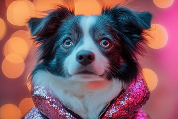 Glamorous Border Collie Puppy in Shiny Sequin Jacket with Neon Disco Lighting and Bokeh Background