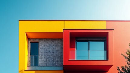 Obraz premium Vibrant Architectural Marvel Featuring Striking Red and Yellow Facade Set Against a Clear Blue Sky Highlighting Modern Design Elements and Artistic Flair in a Lively Urban Environment