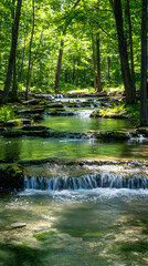 Obraz premium Serene forest stream, cascading water, sunlight dappled