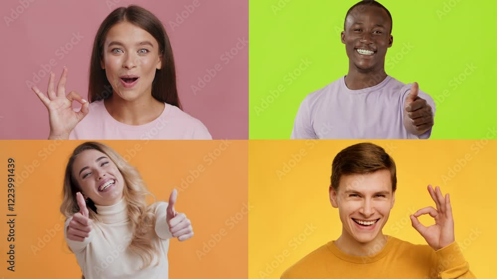 Poster a lively collection of four individuals showcasing various emotions against colorful backgrounds. ea
