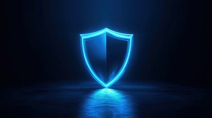 Futuristic glowing shield symbol in dark environment
