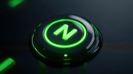 Close-up of a glowing green button with an "N" symbol