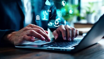 Person using laptop, interacting with digital interface showing sustainability and technology icons. - Powered by Adobe