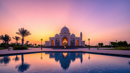 Obraz premium Serene sunset view of a grand mosque with reflecting pool. Peaceful landscape, beautiful architecture, golden hour light, palm trees, Middle East. Ideal for travel, religion, and architecture project