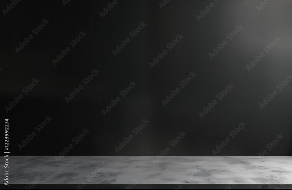 Poster Empty grey cement counter top in front of dark background. Minimalist style. Modern scene. Suitable for product display. Empty display area for presentation. Neutral, versatile. Great for various