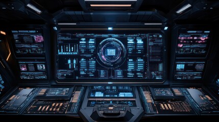 Futuristic Spaceship Bridge: High-Tech Control Room with Advanced Interfaces and Displays
