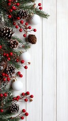 Festive Christmas Border with Pine Branches, Pinecones, Berries, and Ornaments on White Wood