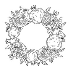 Round frame of pomegranate fruit and leaves. Hand-drawn sketch on white background.