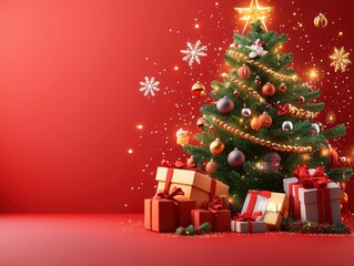Christmas Tree with Presents and Red Background