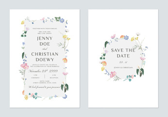 wedding invitation and save the date template set of whimsical floral wreath motif on a white background, adding a sense of romance and whimsy