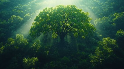 Majestic oak tree in sunlit forest, aerial view