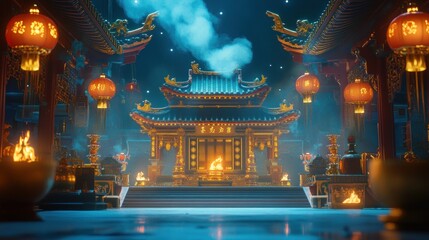 Fototapeta premium Night Temple Ritual, Asian Architecture, Lanterns, Smoke