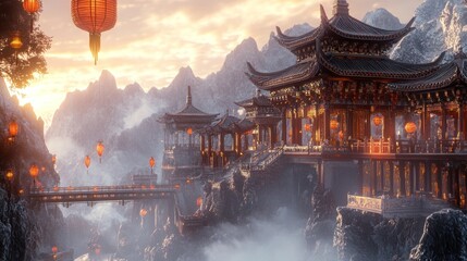 Winter Asian temple complex at sunrise with lanterns