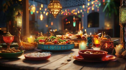 Festive Middle Eastern feast indoors, vibrant decor, lit lanterns, and celebration