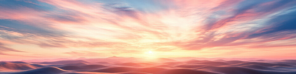 Obraz premium stunning desert landscape at sunrise, featuring vibrant clouds and soft dunes, creating serene and dreamy atmosphere