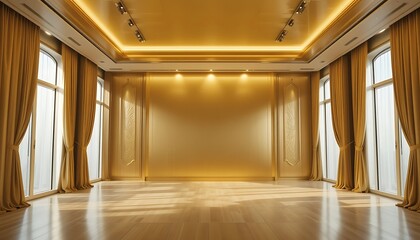 Obraz premium Elegant Golden Room With Large Windows And Drapes