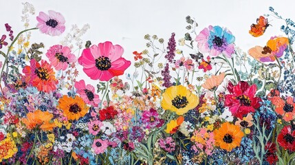 scene of colorful wildflowers in full bloom, capturing the vivid hues and lively patterns of the floral display