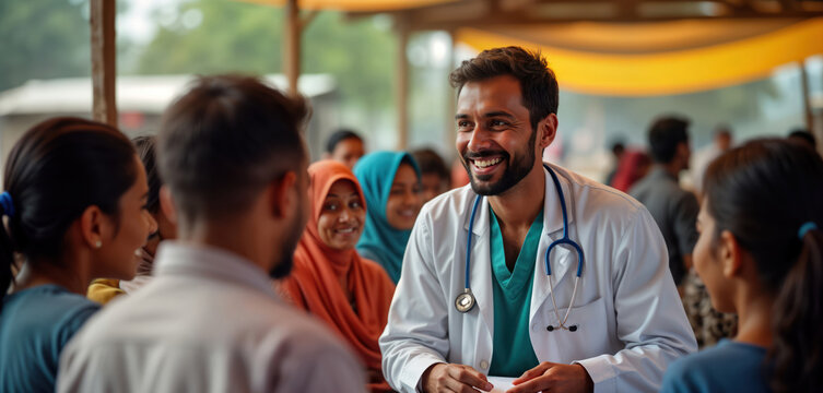 Indian doctor offers vital healthcare services at free rural village health camp. Helps underprivileged groups. Initiative aims to reduce healthcare disparity in remote area. People happily receive