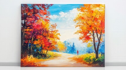 outdoor landscape painting with a person walking along a picturesque path surrounded by vibrant trees and open sky