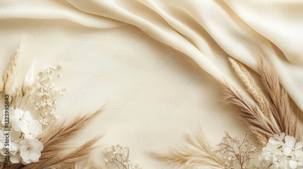 Poster boho style background with neutral and pastel colors featuring dried flowers and elegant draping fab