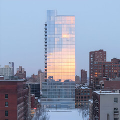 Sunset reflection on city skyscraper, snowy street