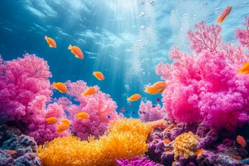 Naklejka premium Vibrant Underwater World: Exploring a Colorful Coral Reef Bursting with Marine Life