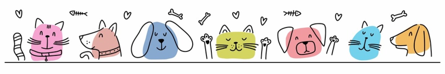 Horizontal illustration of cat and dog faces hand drawn in doodle style © Abundzu