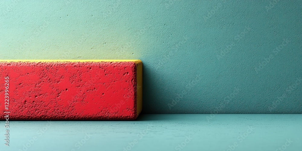 Poster abstract minimalist red and yellow block on teal background