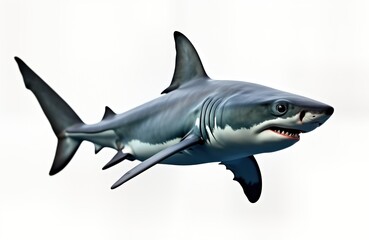 Fototapeta premium Great white shark swims in ocean. Powerful predator isolated against white background. Jaws open showing sharp teeth. Animal in mid-swim action. Wildlife photo with focus on marine life, ocean animal