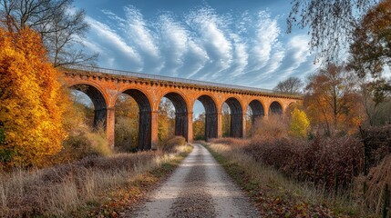 Autumnal brick viaduct path, fall foliage, scenic countryside, travel photography