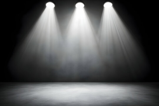 Three spotlights illuminate empty stage