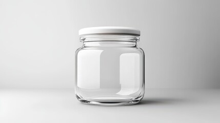 A Clear Glass Jar With A White Lid Sits On A White Surface