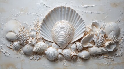 Obraz premium detailed view of a clam and surrounding beach seashells, emphasizing their natural elegance and the texture of these ocean finds